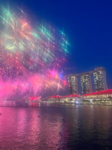 Singapore fireworks. NDP. Marina Bay Sands. Kinki restaurant and rooftop bar.