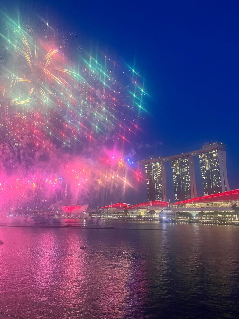 Singapore fireworks. NDP. Marina Bay Sands. Kinki restaurant and rooftop bar.